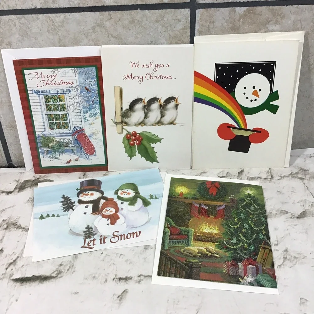 Vintage Holiday Christmas Cards Assorted Lot Of 5 Snowmen Sled Holly Berries